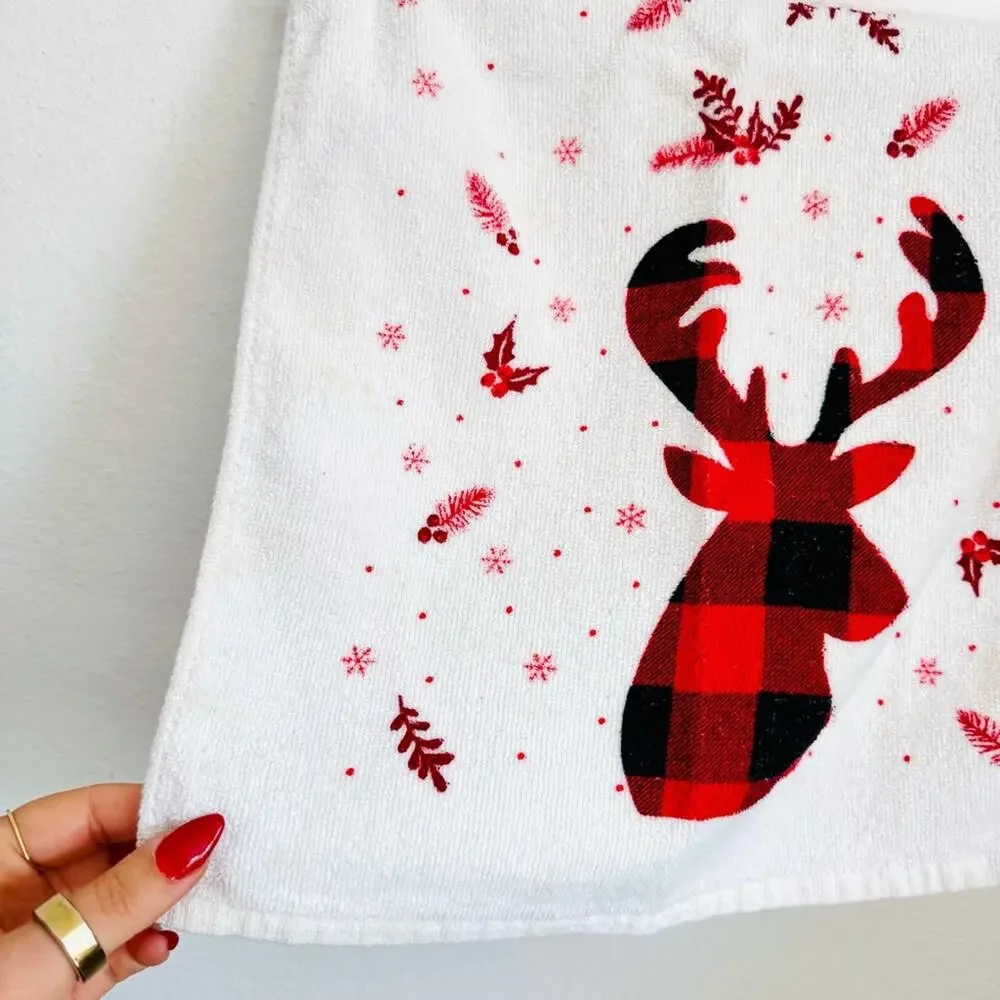 2 Cherry Red White Plaid Deer Grey Gray Dog Scarf Print Christmas Hand Towel Set